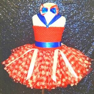 Patriotic Red White Blue Tutu Dress w/ Headband – Fits 4T–6, Handmade